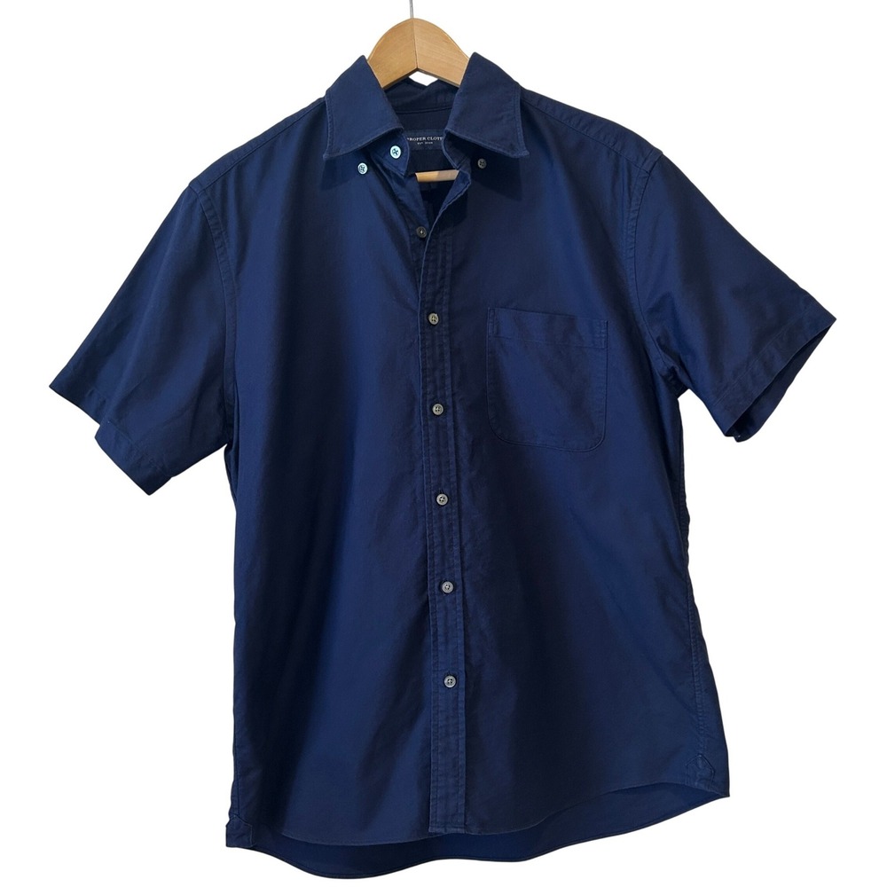 Proper Cloth Shirt Custom Sz L Navy Blue Short Sleeve Cotton Button Down Preppy
